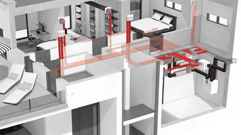 Schnittzeichnung eines Hauses mit Lüftungskanälen einer zentralen Wohnraumlüftung