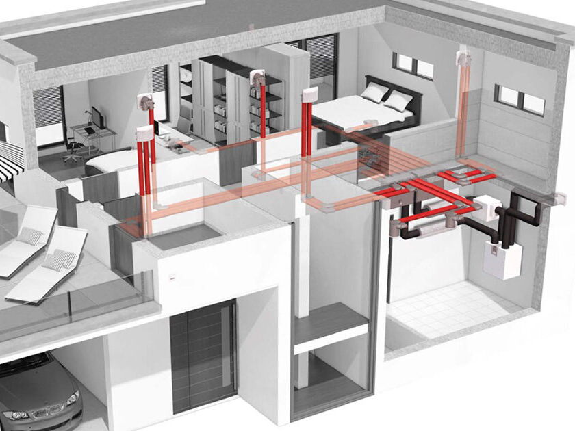 Schnittzeichnung eines Hauses mit Kanälen einer zentralen Wohnraumlüftung