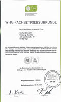 WHG-Fachbetriebsurkunde der Überwachungsgemeinschaft Technische Anlagen der SHK-Handwerke für die Gerhard GmbH